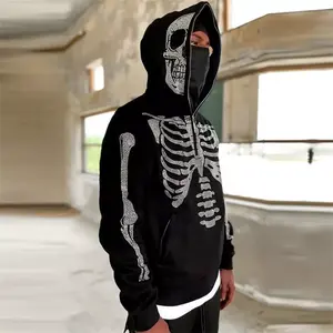 Streetwear Custom Rhinestone Skeleton Full Zip Up Hoodie Men