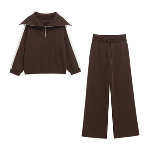 <span class=keywords><strong>Pull</strong></span> et pantalon en tricot à col rabattu à manches longues à motif uni de style européen américain pour femmes, nouveau printemps - Product Image 1