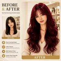 Perruque synthétique bordeaux longue ondulée effet mouillé avec frange pour femme, résistante à la chaleur, ligne de cheveux naturelle, sans colle, ajustable, OEM