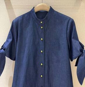 Camicie in Denim di cotone 100% 2025 camicette firmate estive da donna con collo alto e <span class=keywords><strong>Lurex</strong></span> con bottone Casual in tinta unita blu scuro - Product Image 4