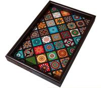 Plateau de rangement en bois à imprimé bohème, plateau décoratif rectangulaire en bois avec motif mandala et doublure en PU, plateau de présentation pour bijoux et thé sur table