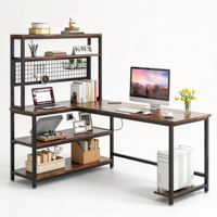 Bureau d'ordinateur en forme de L avec étagères de rangement, panneau perforé, prise de courant et support pour unité centrale pour bureau à domicile, bureau d'étude, poste de travail