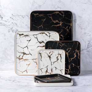Nordic Tableware Marble Ceramic Dinnerware Plates Restaurant Matte Gold Rim Luxury <strong>Black</strong> White Square Steak <strong>Dinner</strong> Plates <strong>Set</strong> - Product Image 2