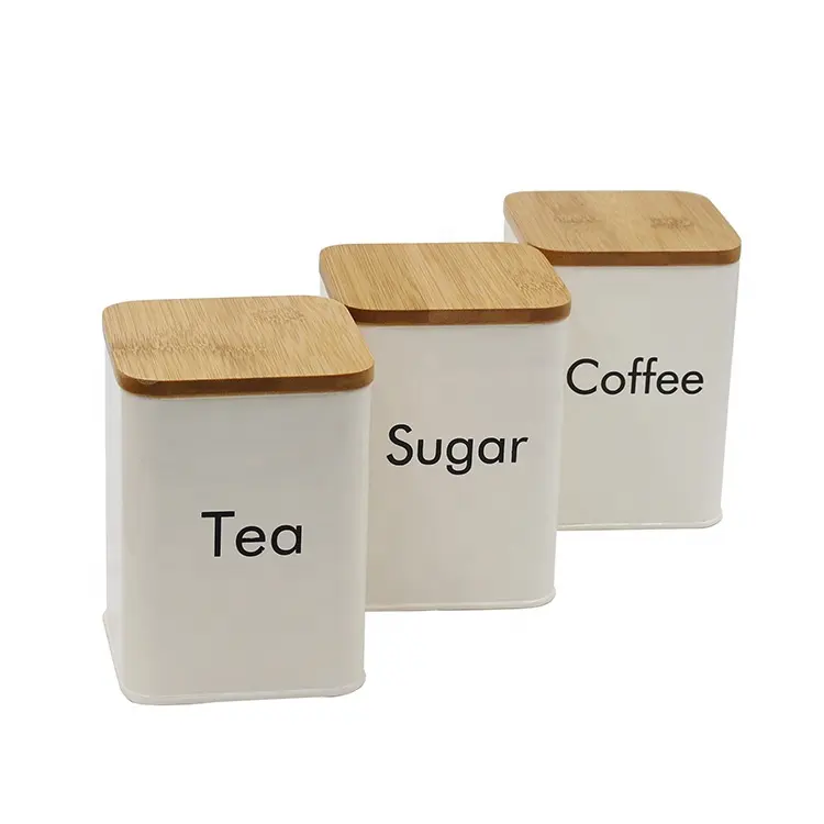 3 حاويات تخزين الطعام كريم المعادن ل القهوة الشاي والسكر مع أغطية الخيزران زجاجات تخزين و الجرار