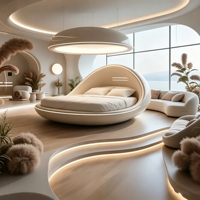 Organisches Ovales Fiberglas-Doppelbett Glänzend Weiße Schale mit LED-Beleuchtung Futuristischer Stil für Luxus-Schlafzimmer