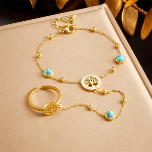 Tree Of Life Gold Plated Stainless Steel <b>Bracelet</b> With Turquoise Stones Open Ring <b>Set</b> For Women Gift Jewelry - Product Image 1