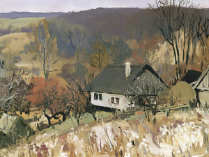 Peinture à l'huile Cottage en bord de colline, paysage de ferme et verger, encadrée or, pour décoration murale d'hôtel, auberge ou salon - Product Image 5