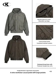 Veste bomber à capuche de style américain 11KN, streetwear pour hommes et femmes, vintage, décontractée, multi-poches, lyocell, courte et large - Product Image 2