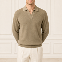 Maßgeschneiderter Old Money Herren Strick-Polopullover mit offenem Kragen, Kurzarm, Einfarbig, Strukturierter Business-Strickpullover