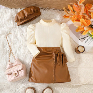 Conjuntos de Ropa para Niñas, Nueva Colección de Primavera, Camisa de Manga Abullonada, Falda de Cuero Sintético con Sombrero, Conjunto de 3 Piezas - Product Image 1