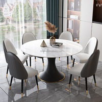 Table à manger moderne en pierre frittée, plateau extensible en marbre blanc, base en forme de tulipe noire, bordure dorée, luxe, restaurant, hôtel, école, maison