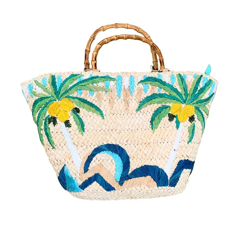 NY factory Natural corn husk handmade beach women use Coconut tree embroidery large tote bag bamboo handle white color straw bag