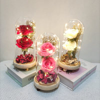 Kubah Kaca Mawar Sutra Buatan Kualitas Tinggi dengan Lampu Led Dua Kepala Bunga Mawar Hadiah untuk Hari Valentine