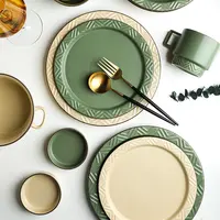 Tableware Restaurant Plates And Bowls Set High Quality Tableware Vintage Green Dinner Plate And Bowl Set Relief Design Porcelain Dinnerset For Restaurant