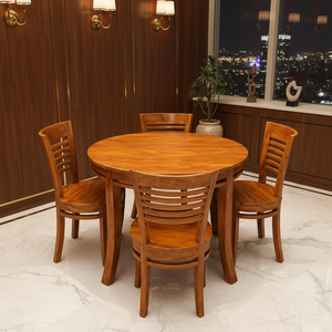 Nordic <b>Round</b> Teak <b>Dining</b> <b>Table</b> <b>Set</b> with Four Comfort Chairs Solid Wood Furniture <b>for</b> Modern Home Cafe and Bistro - Product Image 1