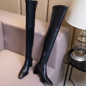 Women Over the Knee High Patent <b>Boots</b> Chunky Heels Lady Metal Square Toe Shoes Side Zipper Skintight Long Booties - Product Image 6