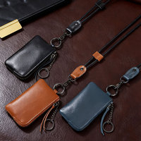 Dompet Kunci Kulit Asli Mini, Kantong Leher, Dompet Koin, Tempat Kartu, Resleting, dengan Tali Pengikat yang Dapat Disesuaikan, untuk Perjalanan