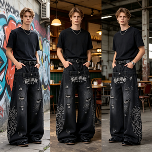 <span class=keywords><strong>Jeans</strong></span> Neri Larghi a Vita Doppia Personalizzati, <span class=keywords><strong>Jeans</strong></span> Gotici Ricamati Strappati Stile Streetwear - Product Image 2
