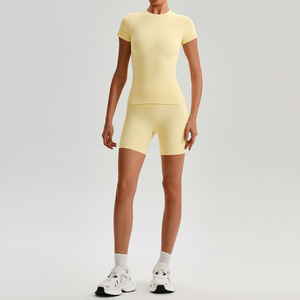 <span class=keywords><strong>Ensemble</strong></span> de yoga 2 pièces sans couture pour femmes, 20 couleurs unies, été, respirant, t-shirt à manches courtes, short taille haute, tenue de sport Y2K pour adolescentes - Product Image 6