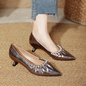 Zapatos de Tacón Bajo con Punta en Pico para Mujer, de Cuero Genuino, con Decoración de Perlas, Estilo Mary Jane, Cómodos, Formales, para Todas las Temporadas - Product Image 3