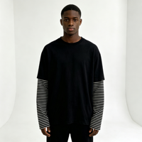 T-shirt à manches longues double couche en coton 100% rayé, coupe oversize, design d'usine, vêtement décontracté pour homme