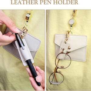 Boshiho Office Badge <b>Holder</b> with Pen Clip High Quality Real Leather Credit <b>ID</b> Card <b>Holder</b> with Stretch Neck Lanyard - Product Image 4