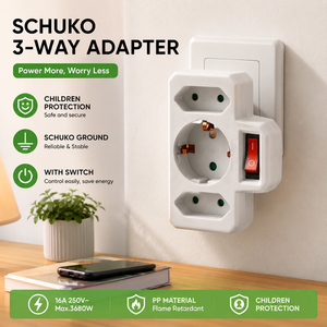 Adaptateur blanc 3 voies, 1 prise centrale Schuko type F 16A, 2 prises Euro 16A, interrupteur à bascule rouge, max 3680W, CE WEEE pour l'Allemagne - Product Image 1