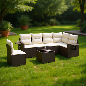 Ensemble de canapés de jardin en rotin brun avec coussins crème, mobilier d'extérieur au design contemporain, résistant à l'eau et aux UV, en rotin PE - Product Image 2