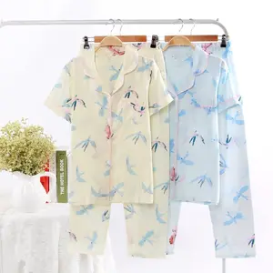 Yaz muslin pamuk malzeme pijama seti ucuz fiyat ile kadınlar için