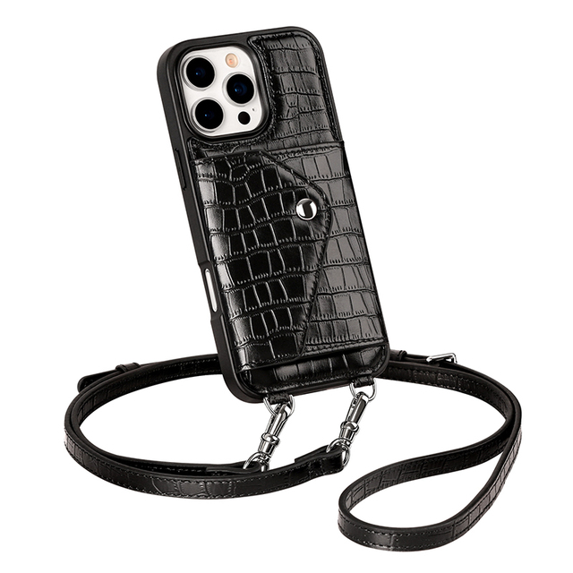 2026 Luxury Alligator Pattern Genuine Leather Wallet Mobile Case with Card Holder Detachable Strap for iPhone 16 17 18 Pro Max