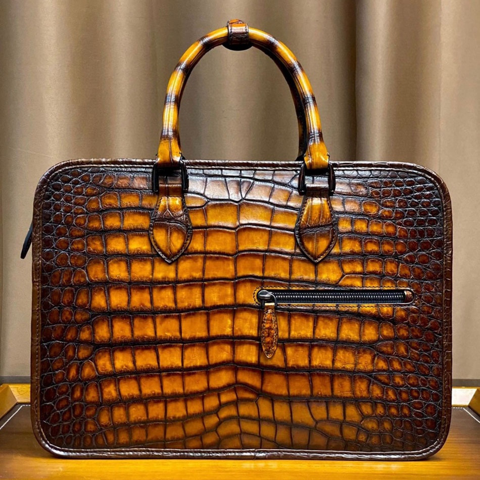 Men's Handmade Genuine Crocodile Leather Briefcase – Luxury Business Laptop Bag with Shoulder Strap