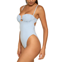 Blauw gingham-badpak voor dames, uitgesneden, hoog uitgesneden, getextureerd badpak met beugel en uitsnijding