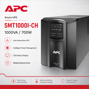 Alimentation sans interruption (ASI) intelligente Schneider <span class=keywords><strong>APC</strong></span> SMT1000I-CH, interactive en ligne, 1000 VA, 700 W, tour, Smart-UPS SMT - Product Image 1