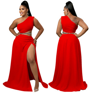 Ropa de mujer Traje de talla grande Color sólido Hombro inclinado Fuera del hombro Sexy Vaina Split Temperament <span class=keywords><strong>Twinset</strong></span> - Product Image 5