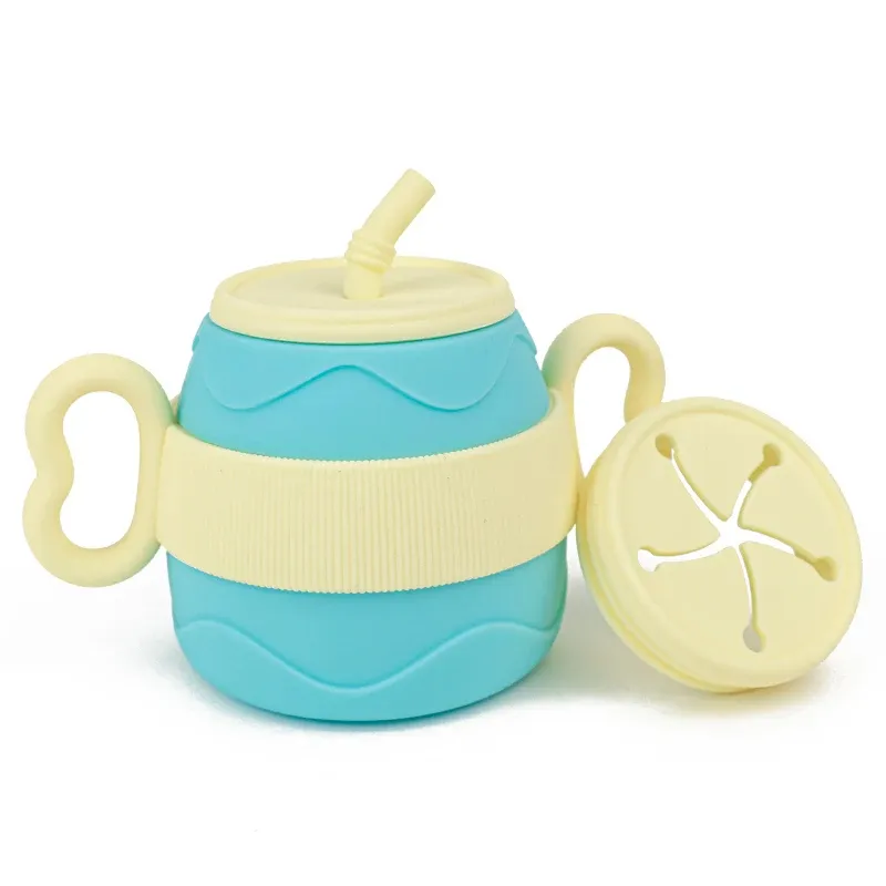 Customization Food Grade Collapsible Silicone Double Ear Cup Handle Design Drinkware Baby Snack Cup Drinking Cup With Lid Straw