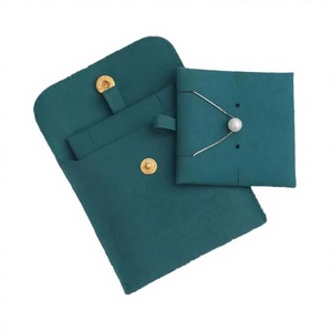 Pochette à bijoux en microfibre vert turquoise avec bouton pression doré, logo personnalisé, sac à bijoux en daim pour emballage de collier et bracelet - Product Image 3