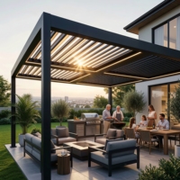 Pergola Intelligente à Minuterie avec Toit à Ouverture/fermeture Automatique, Éclairage LED et Structure en Aluminium pour Usage Extérieur Moderne et Intensif