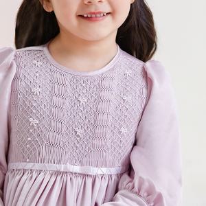 Eleganti ragazze Baby Party abiti tinta unita ricamato affumicato maniche lunghe pieghettate per 2-3 anni ODM fornitura per le vacanze di primavera - Product Image 4