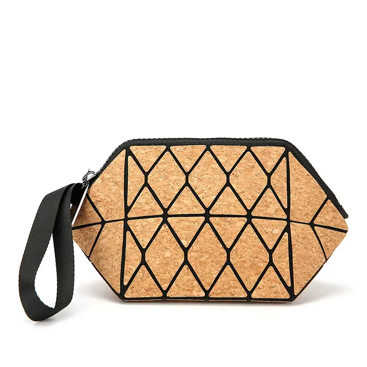 財布女性のための環境にやさしい高品質のストック木製化粧品バッグ幾何学的なコルク化粧ポーチ