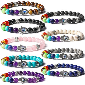 7 Luân Xa Đá Quý Obsidian Đá Tự Nhiên Hamsa Tay Vòng Đeo Tay Màu Xanh Ác Bảo Vệ Mắt May Mắn Quyến Rũ Vòng Đeo Tay Handmade Đồ Trang Sức - Product Image 1