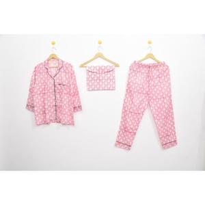 Conjunto de Pijama Floral con Estampado Digital para Mujer, Ropa de Dormir de Algodón Satinado Vintage, Manga Tres Cuartos, Cierre con Cordón, para Verano - Product Image 1