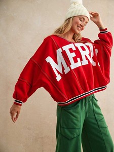 <b>Women's</b> Oversized Red Crewneck Sweatshirt With <b>White</b> Letter Patchwork Emb Casual Varsity Streetwear <b>Hoodie</b> - Product Image 5