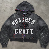 Sweat à capuche zippé personnalisé en molleton bouclette 480 GSM pour homme, 100 % coton, délavé à l'acide, effet vieilli, appliqué strass, style vintage streetwear, fabrication OEM ODM