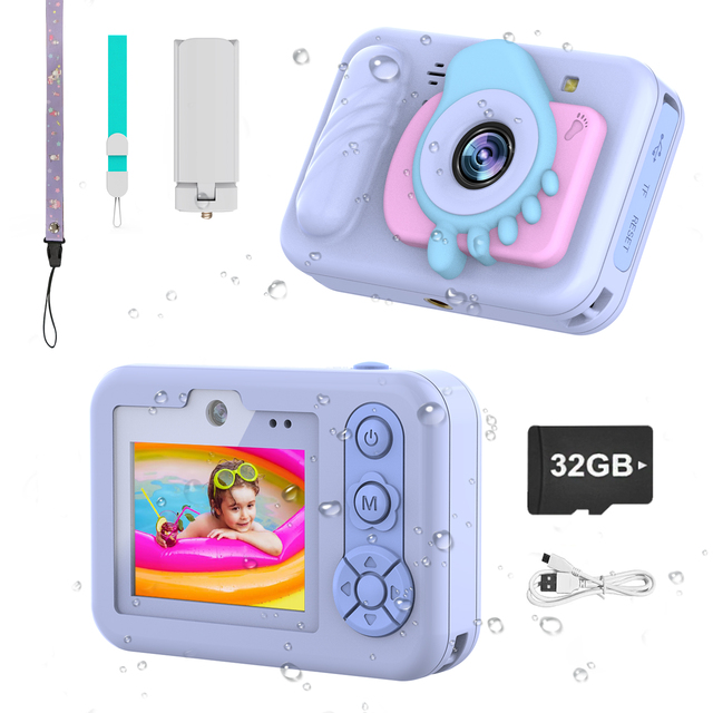 Kids IP68 Waterproof Digital Camera Stepless Zoom 1080P HD Video 180 Wide Angle CMOS Sensor Built-in LED Flashlight 2.4" Screen