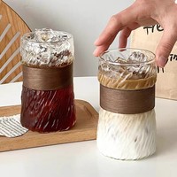 Mug en verre borosilicate à motif logo classique, résistant à la chaleur et au froid, sans BPA, compatible lave-vaisselle et micro-ondes, avec bande en bois anti-brûlure