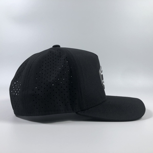 OEM 100% di vendita calda in poliestere strutturato di colore solido nero Design personalizzato con logo <span class=keywords><strong>PV</strong></span> taglio Laser 5 fori pannello cappellino da Baseball - Product Image 4