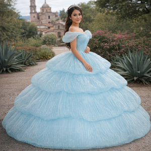 Vestido de Noche Largo de Gasa Azul Cielo con Hombros Descubiertos, Estilo Princesa, con Volantes y Escote Corazón, Elegante - Product Image 1