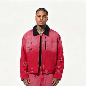 Chaqueta de <span class=keywords><strong>hombre</strong></span> estilo Detroit vintage, lavada, color borgoña, con rotos, para <span class=keywords><strong>hombre</strong></span> y mujer, estilo universitario - Product Image 2