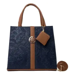 Bolso tote azul con estampado floral en relieve para mujer Fana Alola M3724 con bolsillo con cremallera y logotipo frontal - Product Image 3