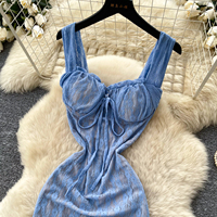 Robe longue moulante sans manches en dentelle pour femme, froncée avec nœud sur le devant, idéale pour l'été